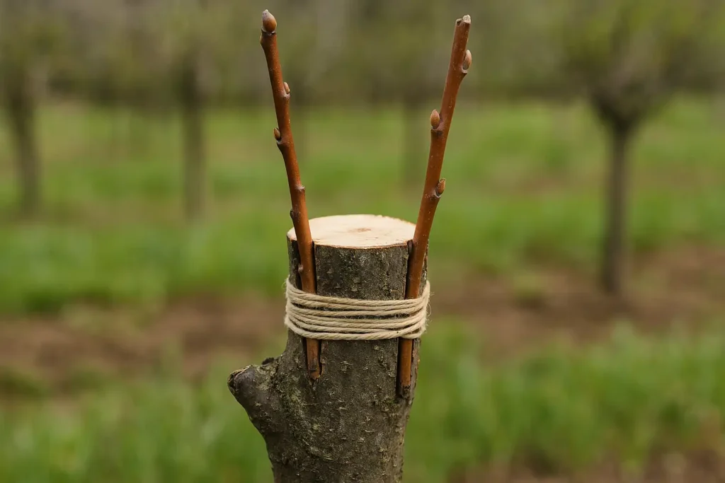 Primer plano de un injerto de corona en un árbol frutal, mostrando dos púas unidas al portainjerto con cuerda, con un huerto desenfocado al fondo.