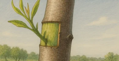 Dibujo a lápiz de colores que muestra un ejemplo de injertos de yema, con un brote verde emergiendo de una sección rectangular en la corteza de un tronco, en un entorno natural con árboles y campo al fondo.